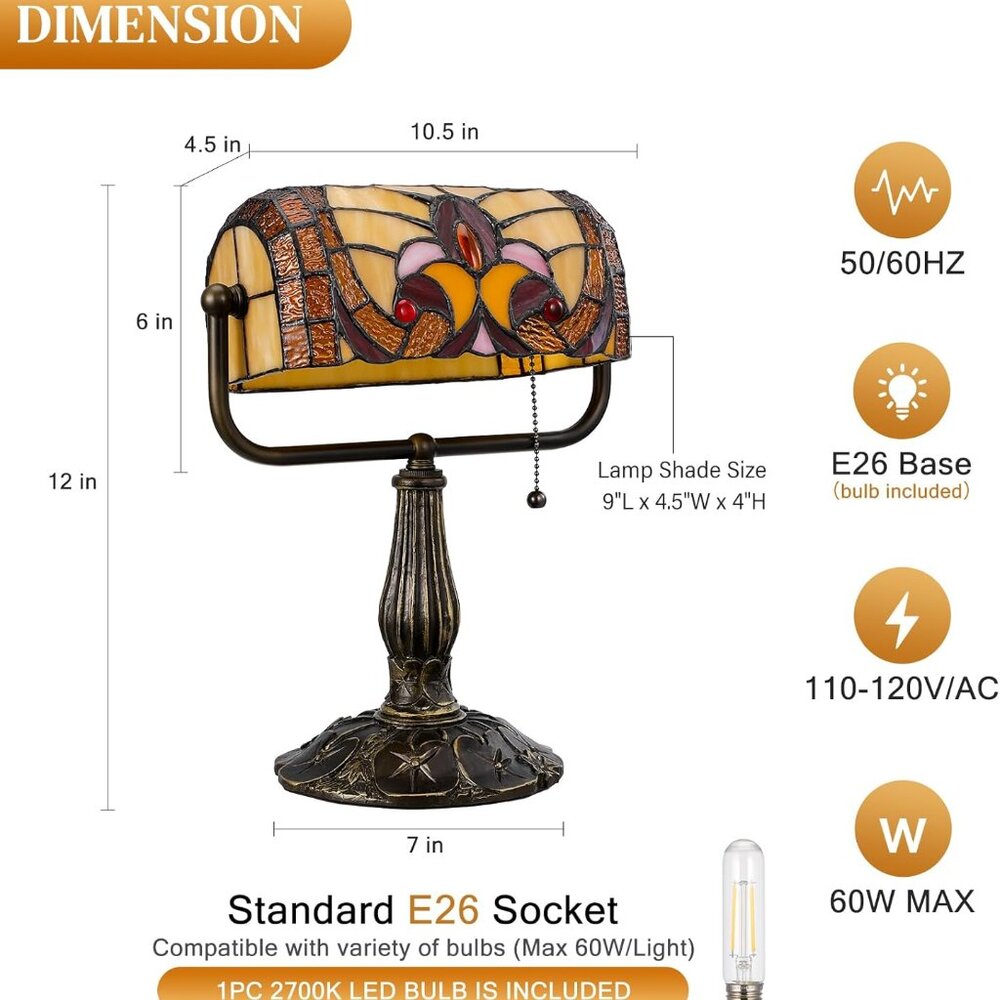 Tiffany Style Bankers Lamp - Stained Glass Desk Lamps with Baroque Design & Pull - Picture 4 of 7